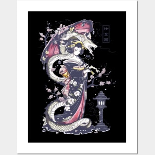 Japanese Girl With Dragon and Cats T-Shirt 01 Posters and Art